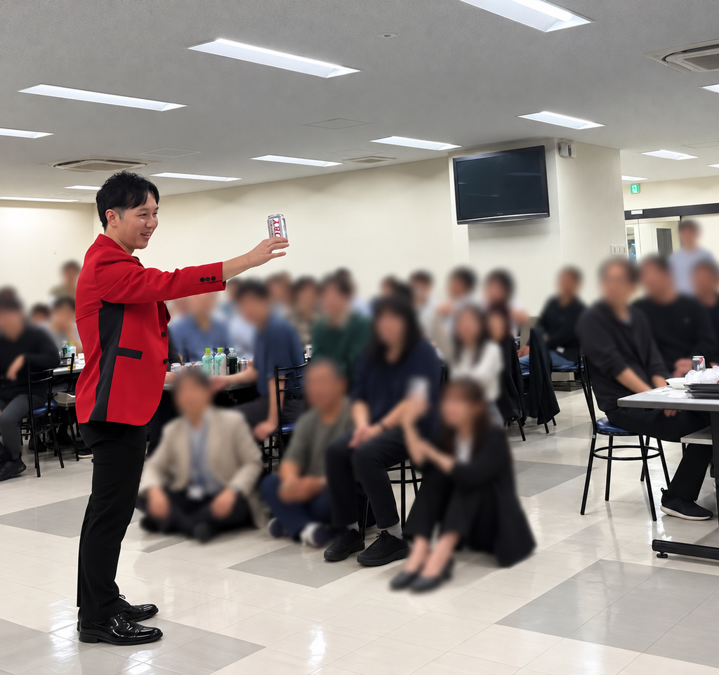 アサヒビール工場の会社イベントでビールを使ったマジックを披露するマジシャンMASA