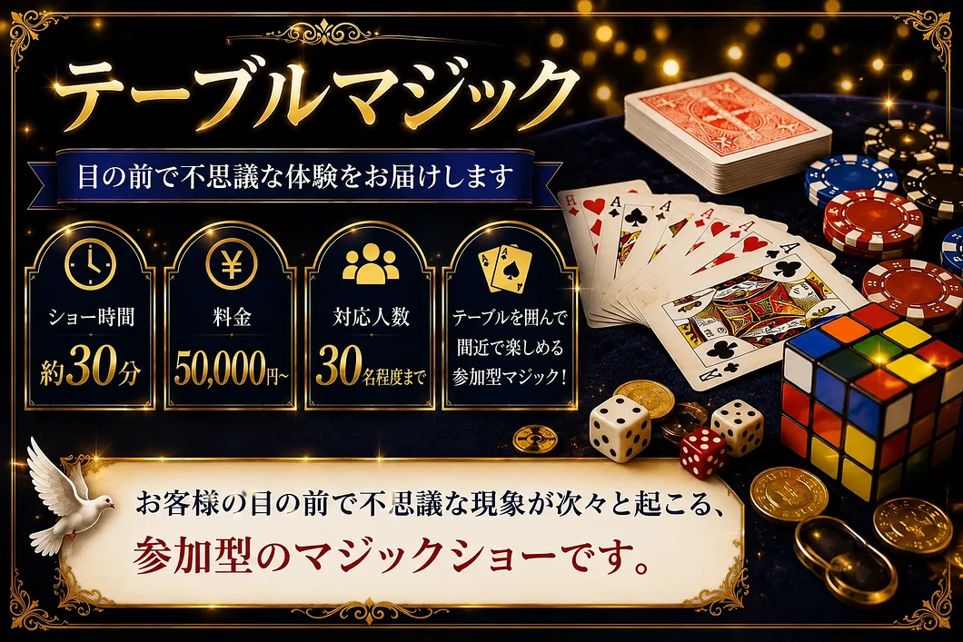 テーブルマジックプラン|30分50000円から対応する出張マジシャンMASAの参加型マジックショー